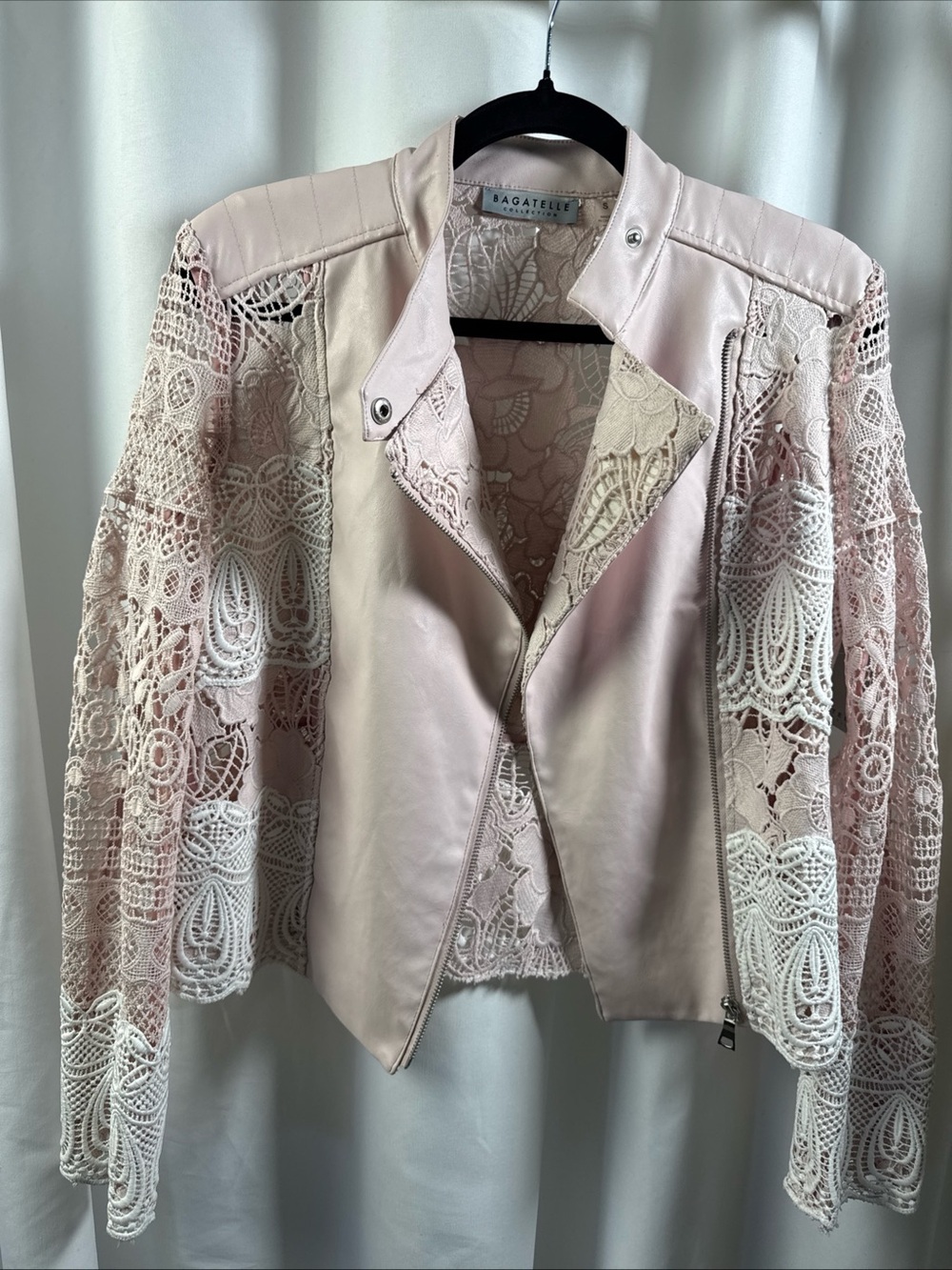bagatelle Blush Pink Lace Sleeve Moto Jacket